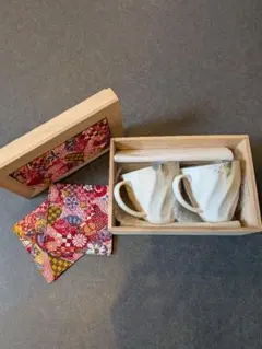 【セラミック藍・&藍】花水彩ペアマグカップ・コースター・ちりめん木箱セット