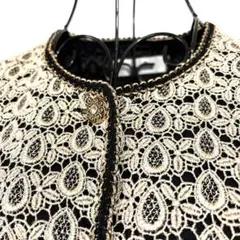 総レースノーカラージャケット ブラック/ゴールドベージュ　ラメ糸　金ボタン　Mのサムネイル