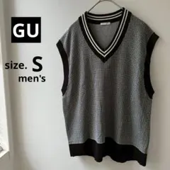 美品【GU】ウォッシャブル・ニットベスト・Ｖネック・チルデン・千鳥格子【Ｓ】