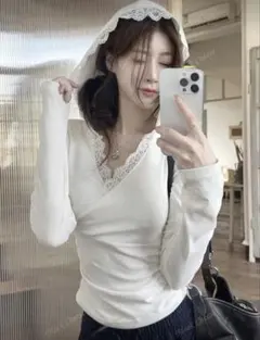 レース フード付き長袖Tシャツ カジュアルスリムフィットプルオーバートップス