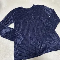 ヴィンテージ風 ベロア プリーツ カットソー ネイビー 紺 肩パッド入り レトロ