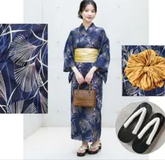 美品♡ハニーズ納涼浴衣4点フルセット ネイビー ボタニカル柄 ボリューム帯 下駄のサムネイル