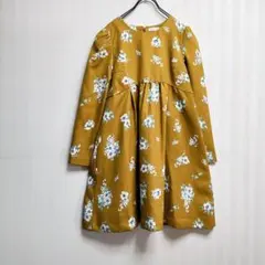 【earth】比較的美品　カラシイエロー　花柄膝丈ワンピース　パフスリーブ
