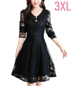 【ブラック 3XL】パーティドレス ワンピース 長袖 Vネック 膝上