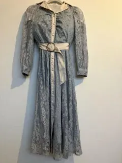 総レースワンピース シャツワンピース 長袖 くすみカラー ベルト付き ブルー M