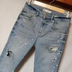 美品 38 ZARA ダメージデニム ペイント ストレッチ
