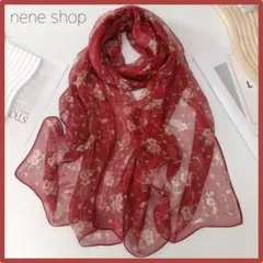 シフォン ストール 大判 薄手 UVカット スカーフ レッド系 花柄 秋色