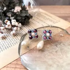 ヴィンテージ ラインストーン クローバー&パール調雫チャーム イヤリング