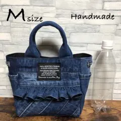 デニムリメイク☆サイドポケット付きミニトートバッグ　フリル♡ M