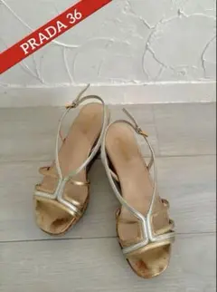 PRADA プラダ サンダル 36 厚底 ゴールド×シルバー ウェッジソール