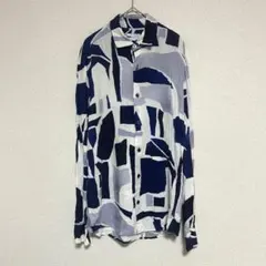 ＊ZARAザラ メンズシャツ 長袖 薄手 総柄 おしゃれ 白×青×紺 S