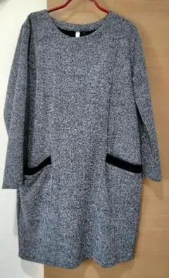 ポケット付き ツイード調 長袖ワンピース L 紺