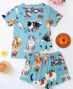 猫と花のプリント ルームウェアセット