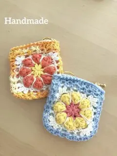 ハンドメイド かぎ編みがま口ポーチ 小銭入れ モチーフ編み グラニー