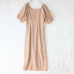 美品 ナチュラルクチュール ロングワンピース チェック 橙 シャーリング 綿 F