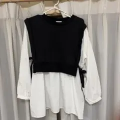 COLZA 重ね着風 長袖ブラウス ブラック×ホワイト Mサイズのサムネイル