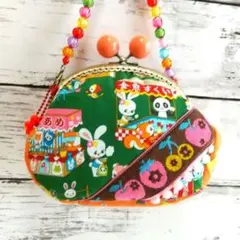 昭和レトロ ビーズ持ち手付きがま口 はいから横町 お祭り柄 レア生地