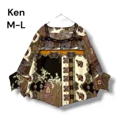 ケン　チュニック　７分袖　Ｍ〜Ｌ　茶色系　エスニック　ボヘミアン調　フリル