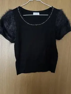 ビジュー付き黒半袖ニットトップス Mサイズ