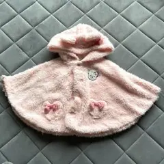 クマ刺繍フード付きピンクポンチョ