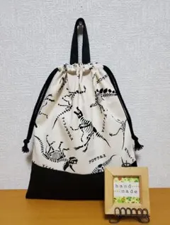 持ち手付き巾着袋  上靴入れ   骨恐竜柄×ブラック
