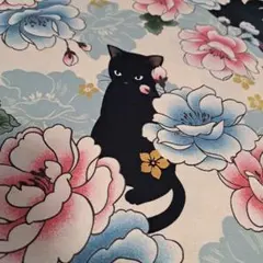 50×25　大猫　華　ベージュ　キルトゲイト　薄手　生地　はぎれ