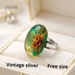 ヴィンテージリング SILVER ドライフラワー レジン カボション 大粒