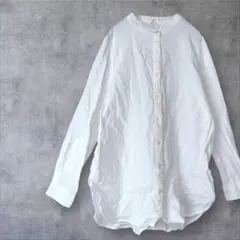 シャツ スタンドカラー ノーカラー 綿100% 無地 ロールアップ袖 白 L