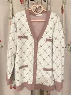 ツイード風　ホワイト ピンク ダイヤモンドカーディガン M 秋冬　チェック柄
