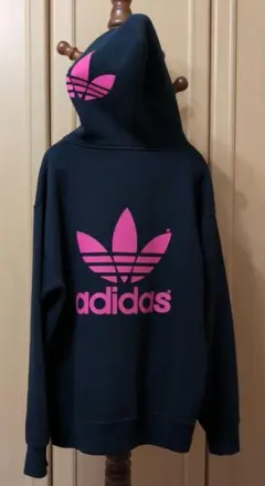 adidas フード付ジップアップパーカー ネイビー/ピンク　スウェット　紐なし