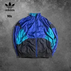 【P40】90s adidasトレフォイル刺繍ナイロンジャケット青黒ターコイズ