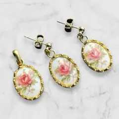 2点セット ジャパンヴィンテージカボション ピアス＆ペンダントトップ