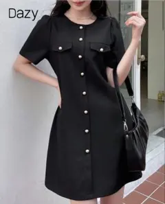 ブラック 半袖 ひざ丈ワンピース
