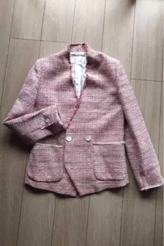 Whim Gazette ノーカラーツイードジャケット ピンク系 ダブルボタン