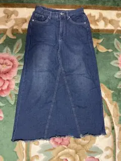 しまむら デニムロングスカート ダークブルー フリンジ