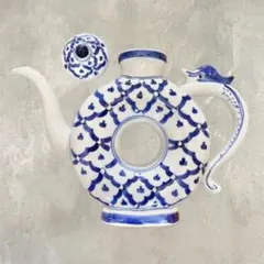【未使用】青白陶磁器　水差し　ティーポット ドーナツ型 龍 染付 急須