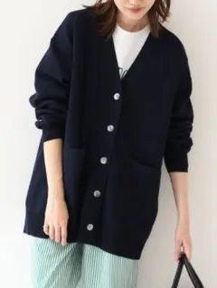 美品☆スローブイエナ スムースVネックカーディガン　ネイビー　フリー