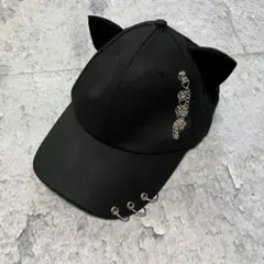猫耳 キャップ 黒 リングチェーン 地雷系 Y2K ハロウィン