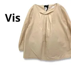 ビス　トップス　ブラウス(M)七分袖　プルオーバー　黒リボン　ベージュ　シンプル