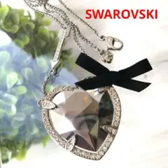 スワロフスキー ハート クリスタル 黒リボン アロー ロングネックレス シルバー