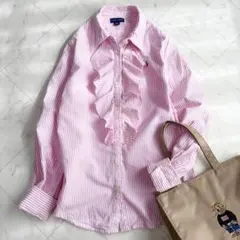 【ラルフローレン】フリルブラウス　ポニー刺繍　コットン　ストライプ　ピンク　白