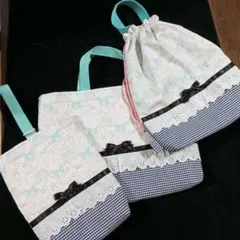 入園入学３点セット　ネコ　レース　リボン　ハンドメイド