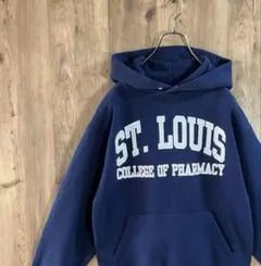 US古着 パーカー カレッジロゴ プルオーバー ビッグロゴ 紺 IW13