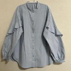 GU 水色ストライプ フリル長袖シャツ M