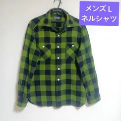 メンズＬネルシャツグリーン✕ブラックブロックチェックコットン100%