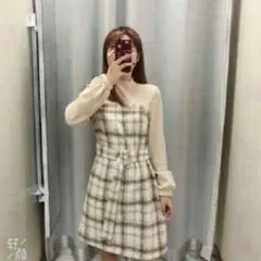 韓国 服 レディース 量産型 チェック柄 ワンピース ニット トップス 春6I
