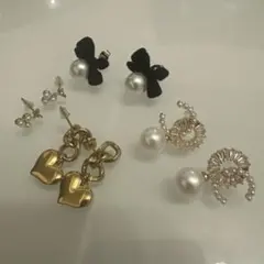 ピアス 4個セット キュート リボン パール ゴールド シルバー ハート