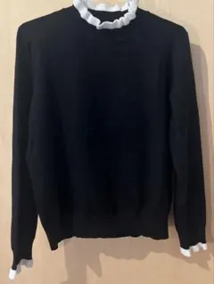 シーン　レディース　長袖ニット　無地　フリル　黒　XL