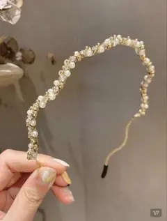 パール ビジュー カチューシャ ゴールド ヘアアクセサリー shein