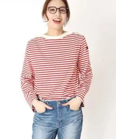 ルミノア【Ｓ～M】ボートネック フレアカットソー 肩ボタン ボーダー